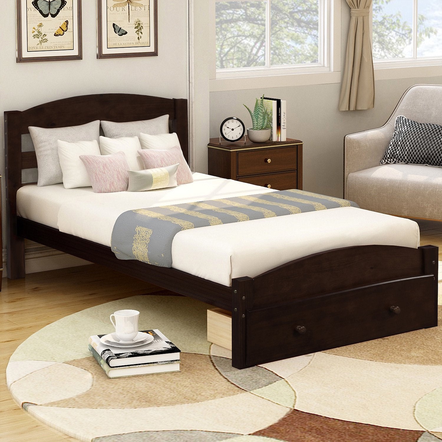 Twin Platform Bed Frame with Storage Drawer Headboard Pre Order For Sale