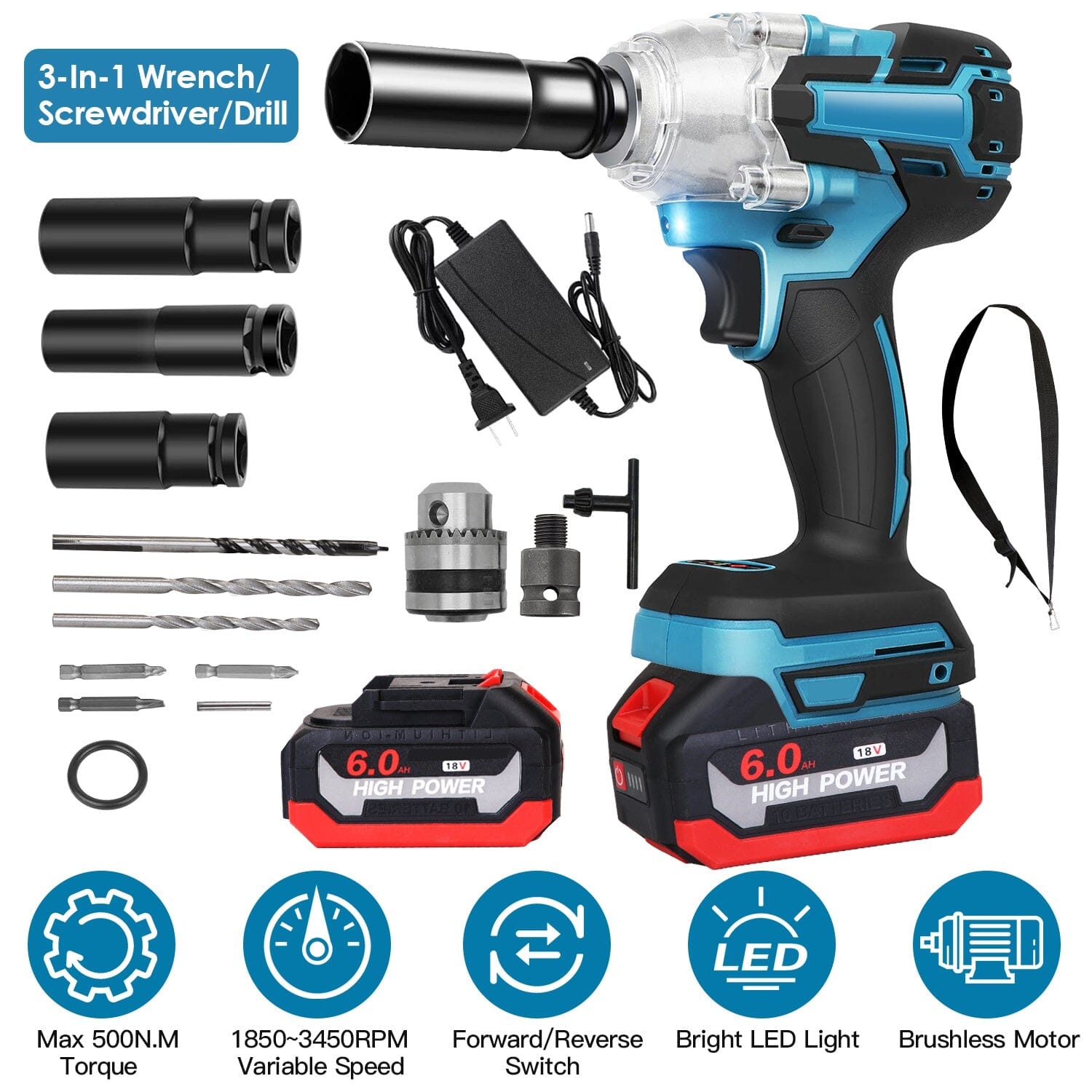 3-In-1 Cordless Electric Impact Wrench Drill Screwdriver with Brushless Motor Max 3450RPM Variable Speed Top Quality Cheap Pice