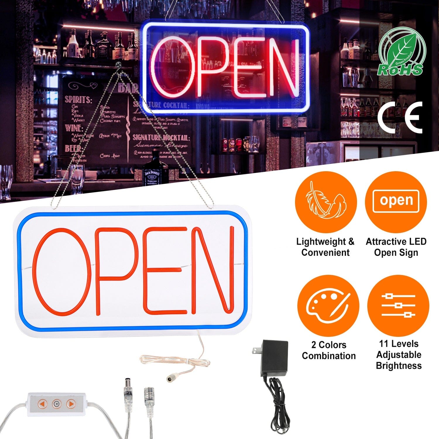 LED Open Sign Advertisement Board with 11 Levels Adjustable Brightness Clearance Footaction