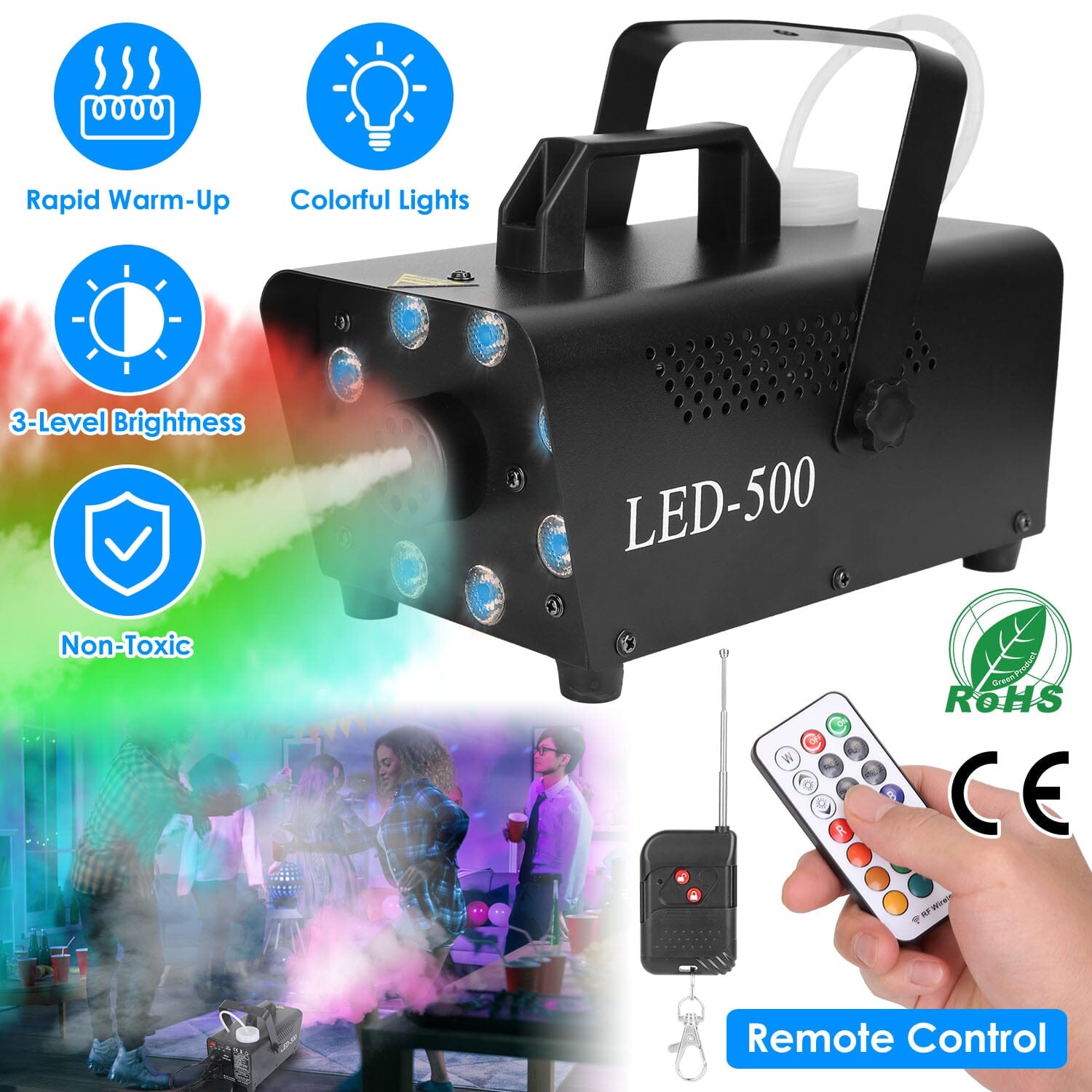 500W Fog Machine 2000CFM Colorful Smoke Machine with 8-Pieces LEDs 5 Lighting Effects 3-Level Brightness Clearance How Much