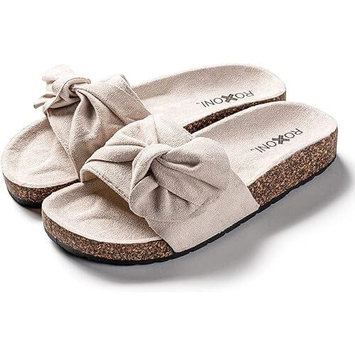 Roxoni Women Comfort Sandals Ribbon Bow Top EVA Flat Slides Footbed Suede with Arch Support Non-Slip Cheap Discount Sale