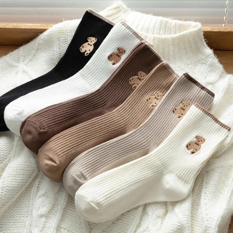 5-Pairs: Bear Embroidery Low Cut Ankle Socks Clearance 2025 Unisex