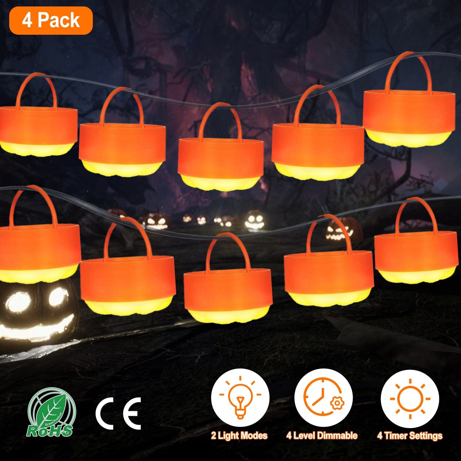 4-Pack: Halloween LED Pumpkin Lights Battery Operated with 2 Light Modes 4 Timer Setting Visa Payment