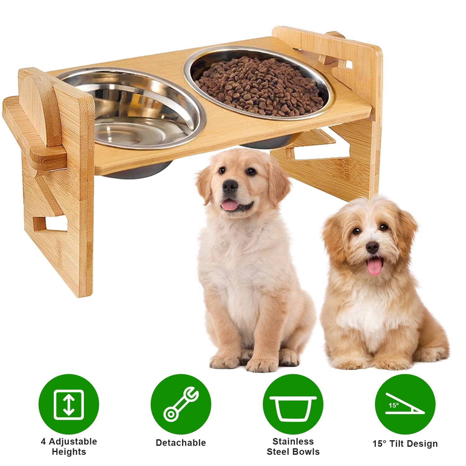 5°Tilt Bamboo Double Elevated Dog Bowls with 4 Adjustable Heights With Paypal Sale Online