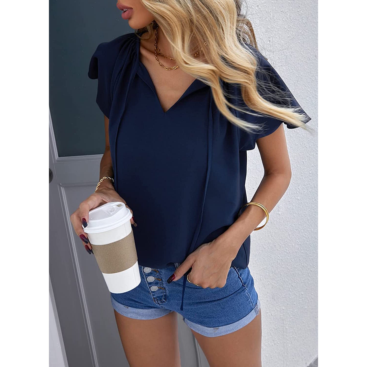 Women's Casual Boho V Neck Tops Drawstring T Shirt Cheap New Styles