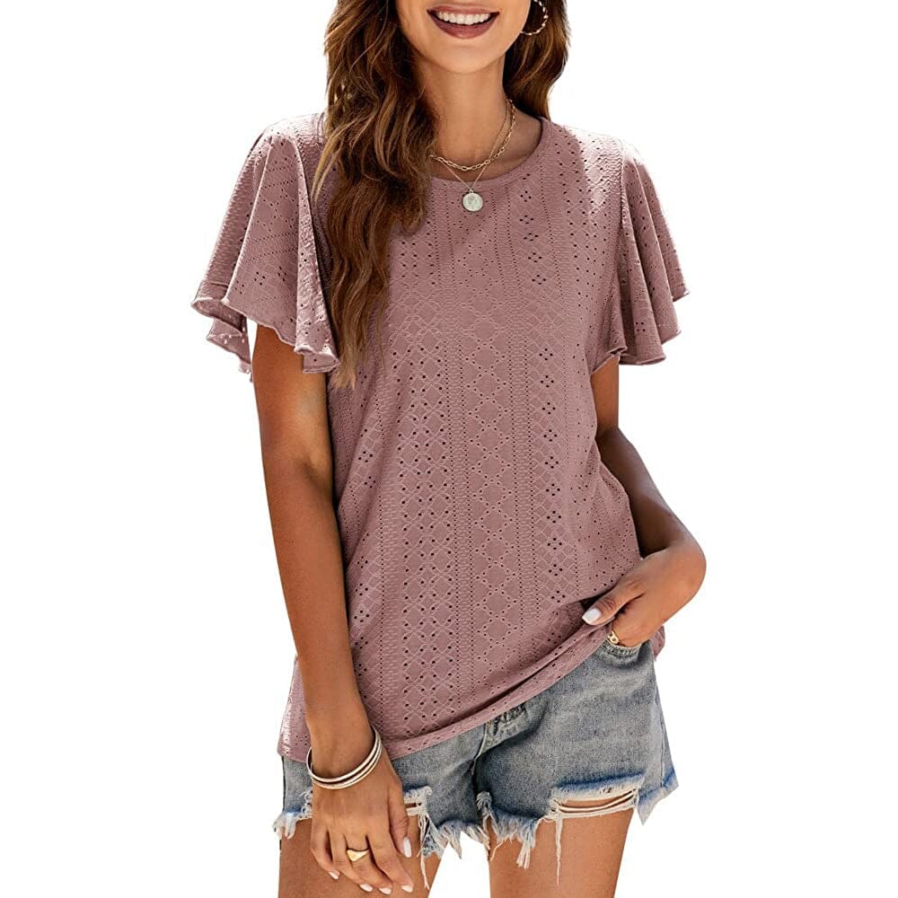 Womens Casual T-Shirts Summer Crew Neck Ruffle Sleeve Tees Tunic Tops Free Shipping Low Pice Fee Shipping