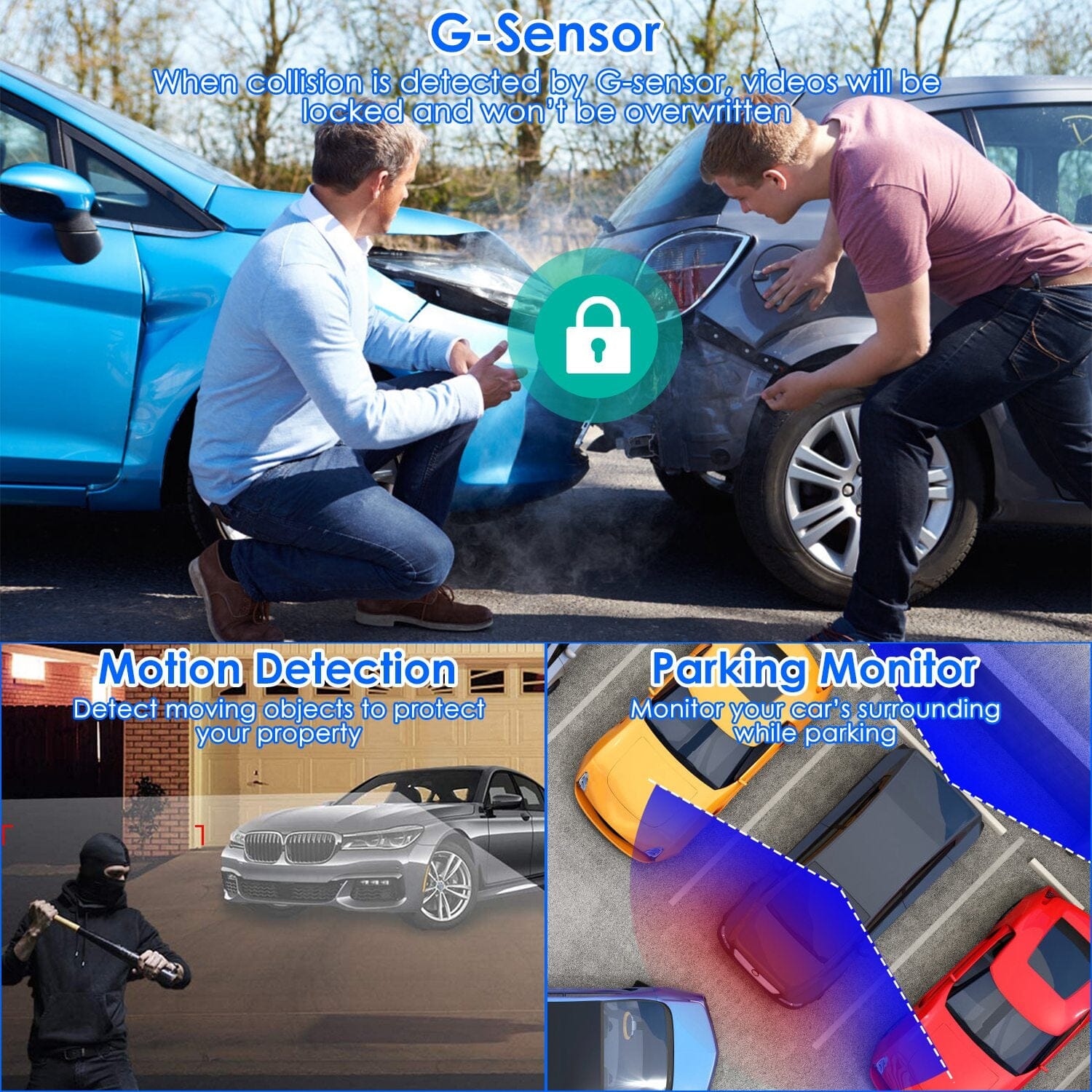 1080P Dual Dash Cam 3 Screen with Front and Rear Camera G-Sensor Motion Night Vision Loop Recording 2025 New For Sale