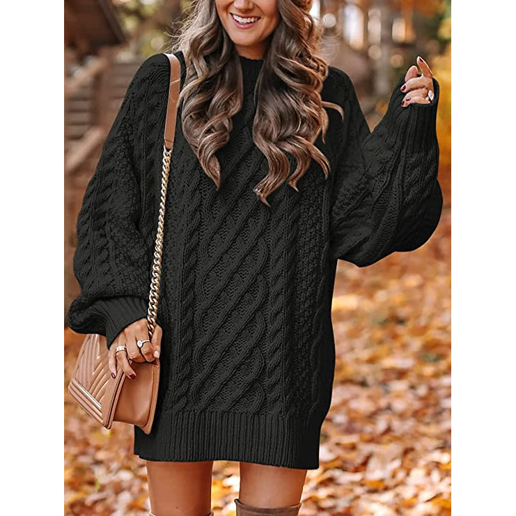 Women Crewneck Long Sleeve Oversized Cable Knit Chunky Pullover Short Sweater Dresses Free Shipping Shop