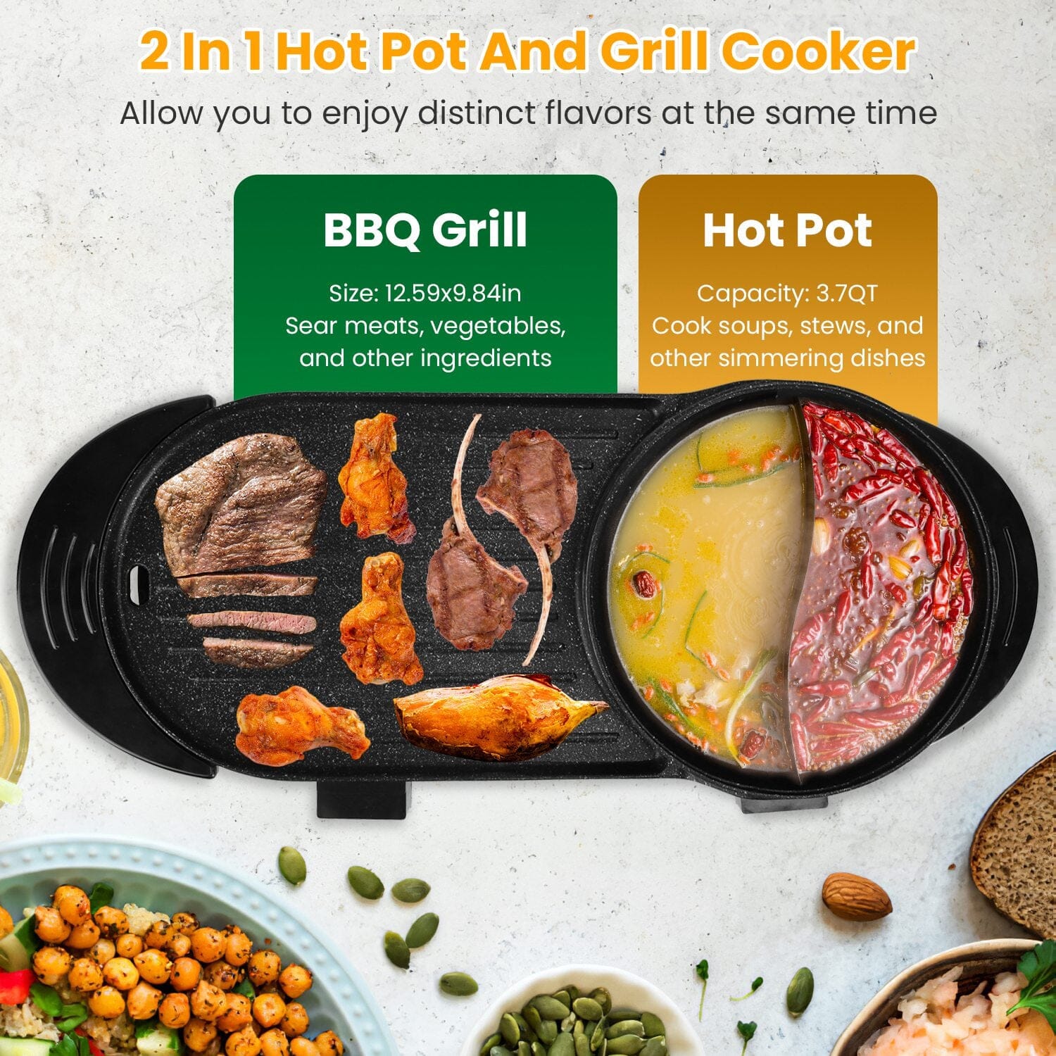 2-in-1 Electric Hot Pot with Bbq Grill Cooker 2200W Discount High Quality