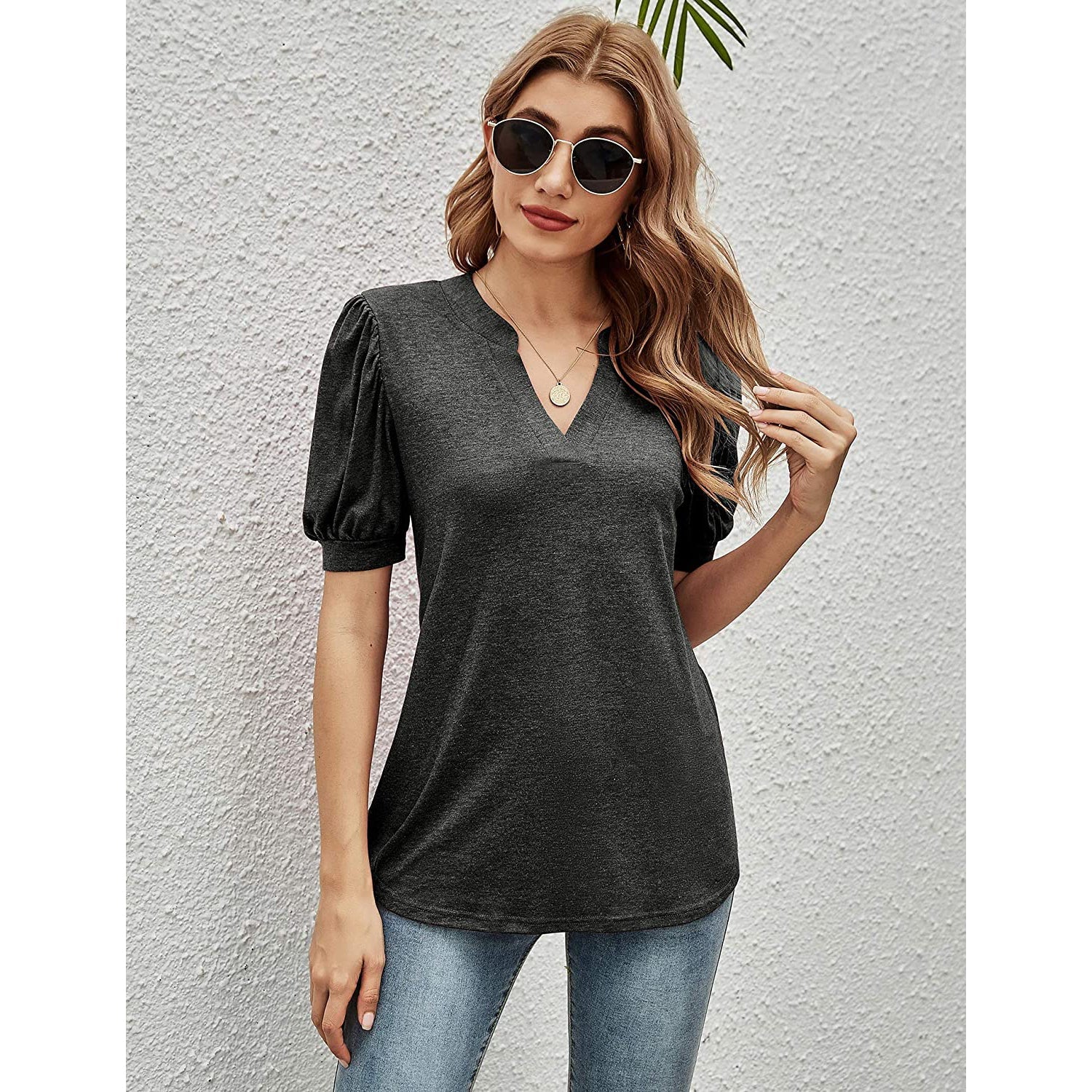 Romanstii Women Casual V-neck T-Shirts Loose Puff Short Free Shipping Cheap Online