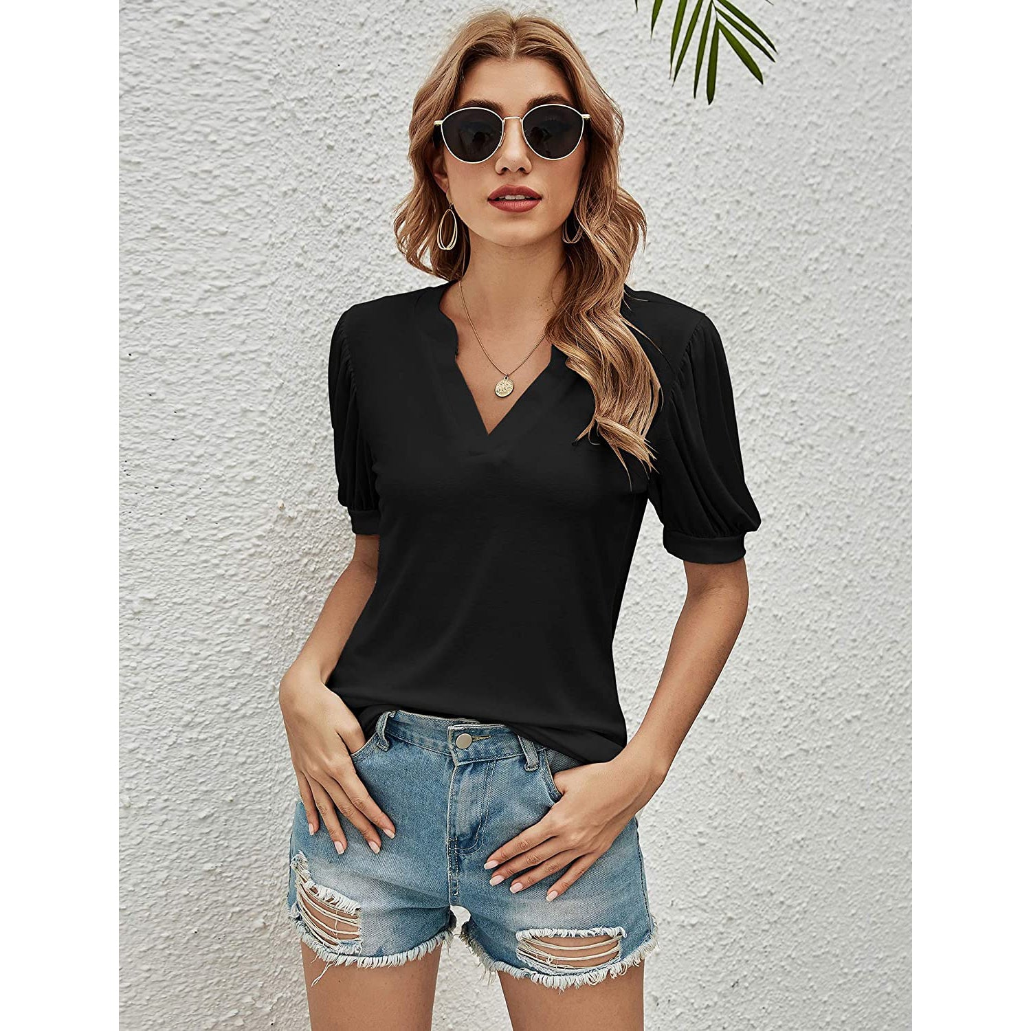 Romanstii Women Casual V-neck T-Shirts Loose Puff Short Free Shipping Cheap Online