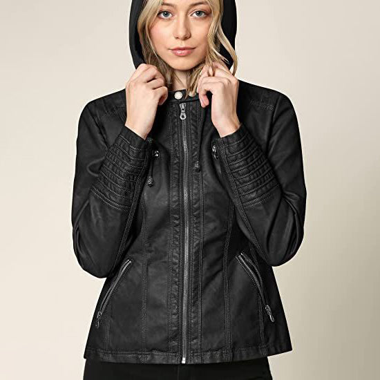 Lock and Love Women's Removable Hooded Faux Leather Jacket Sale Big Discount