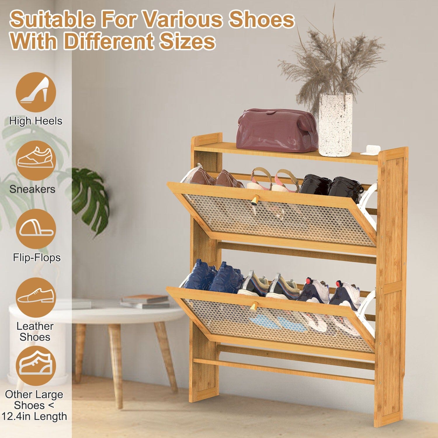 2-Tier Shoe Cabinet with 2 Flip Drawers Slim Bamboo Rack Narrow Shoe Organizer Largest Supplier For Sale