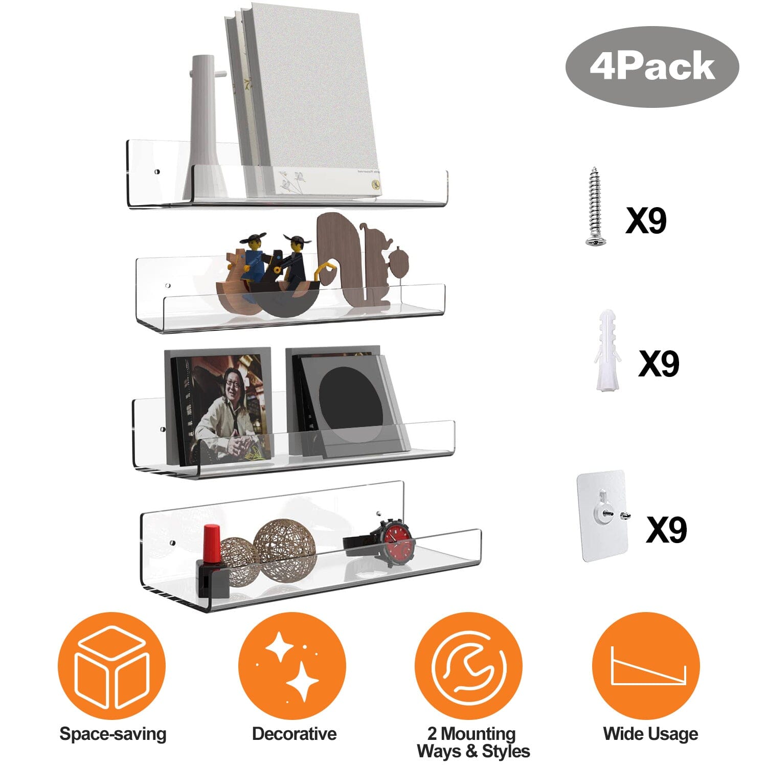 4-Pack: 15 inches Clear Acrylic Floating Shelves with 2 Mounting Ways With Paypal For Sale