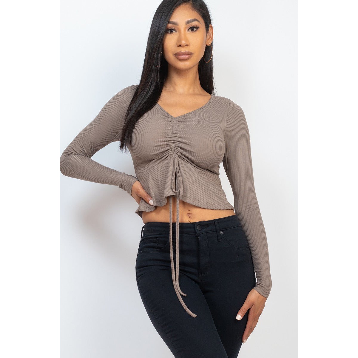 Ribbed Drawstring Front Long Sleeve Peplum Top For Sale Cheap Pice From China