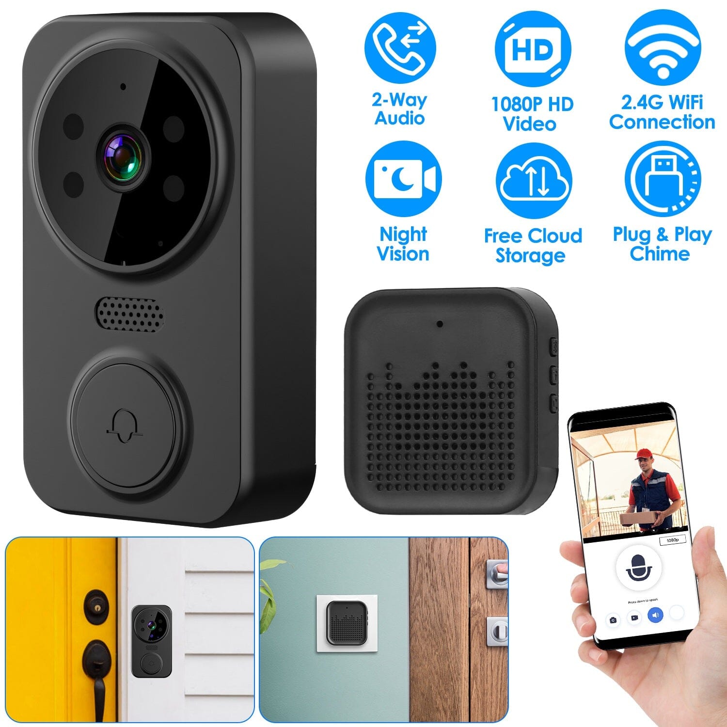 1080P WiFi Security Doorbell Camera 2-Way Audio Free Cloud Storage Free Shipping Outlet