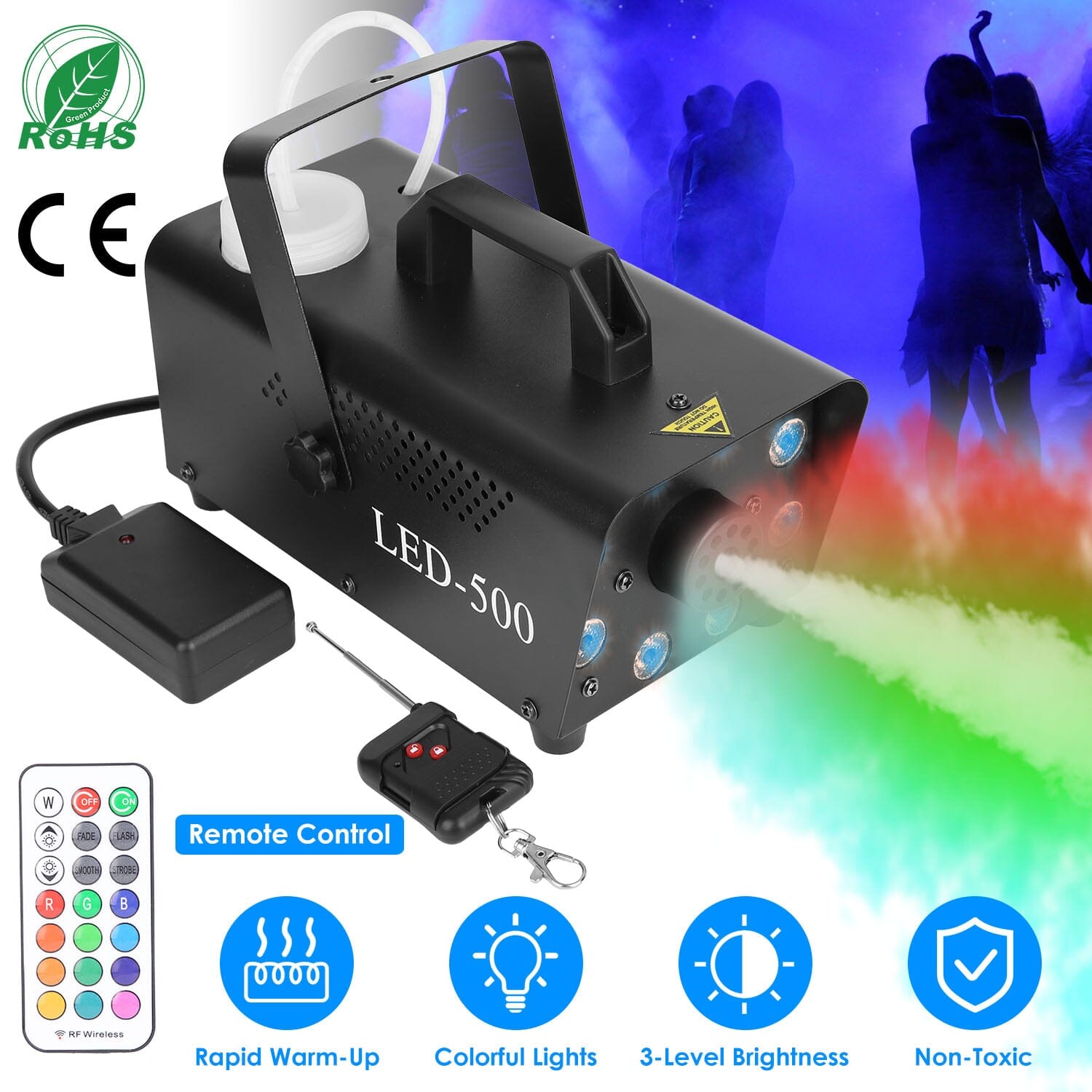 500W Fog Machine 2000CFM Colorful Smoke Machine with 8-Pieces LEDs 5 Lighting Effects 3-Level Brightness Clearance How Much