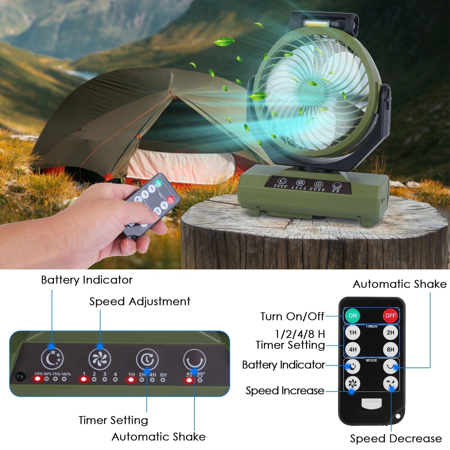 20000mAh Rechargeable Oscillating Camping Fan with Flashlight Hanging Hook Remote Control Comfortable Cheap Online