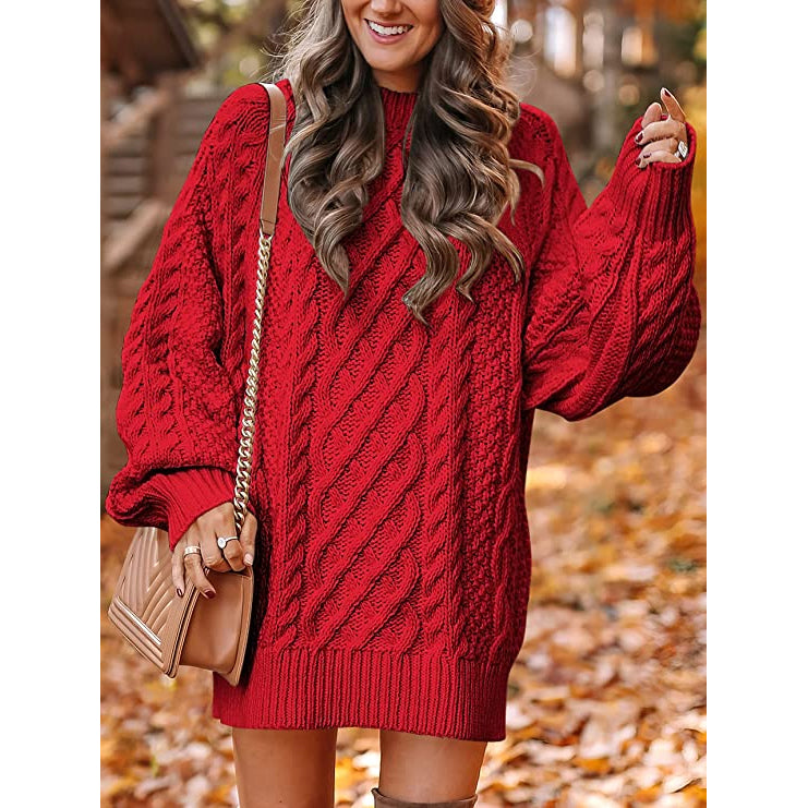 Women Crewneck Long Sleeve Oversized Cable Knit Chunky Pullover Short Sweater Dresses Free Shipping Shop