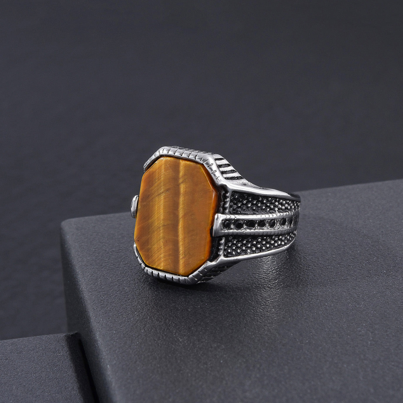 Men's Stainless Steel Genuine Tiger Eye Stone Silver Ring Low Pice Fee Shipping Cheap Online