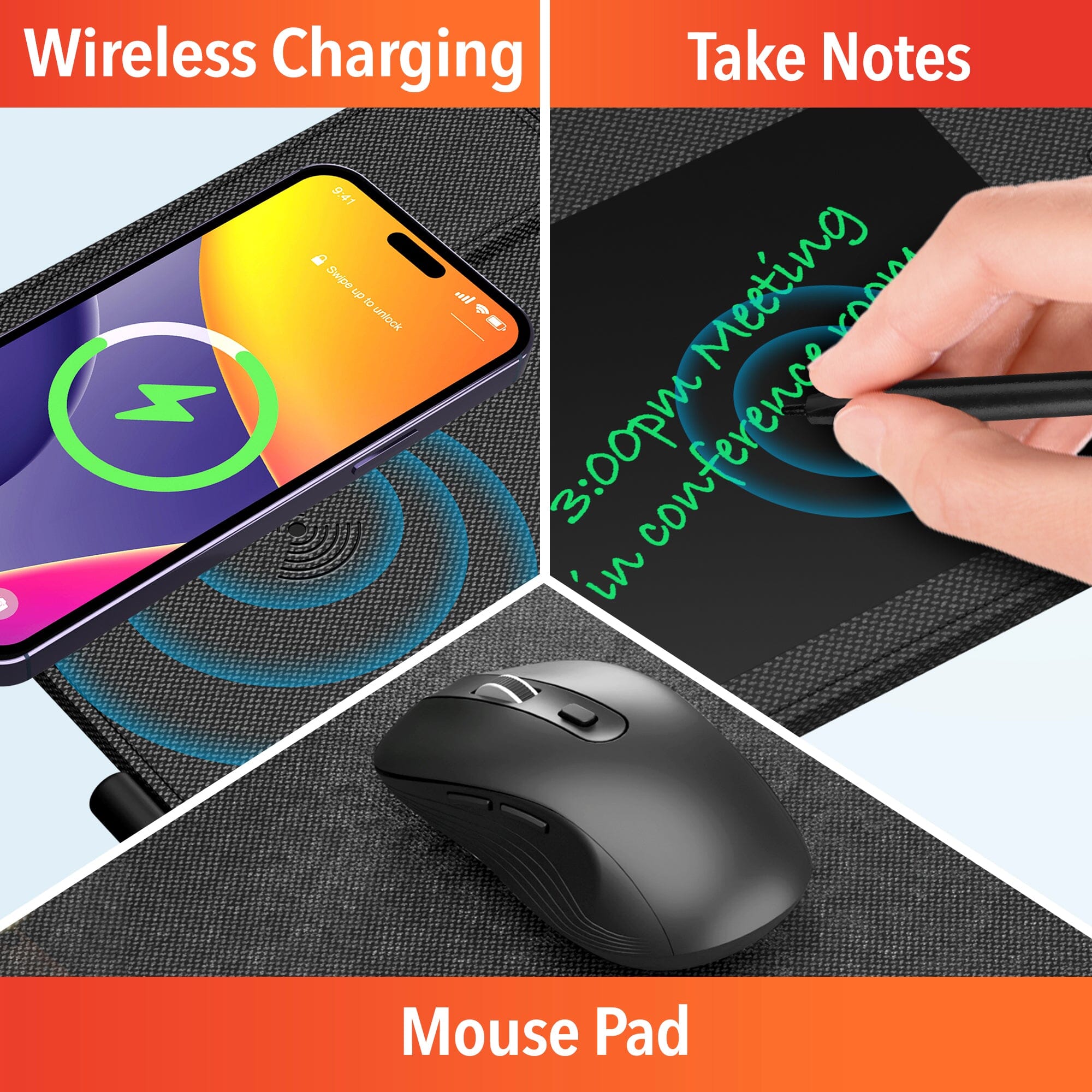 Delton D101 Wireless Charging Mouse Pad with Foldable Phone Stand & Writing Pad, Non-Slip Desk Mouse Mat 15W Wireless Charging Pad Qi Enabled Devices Shop For