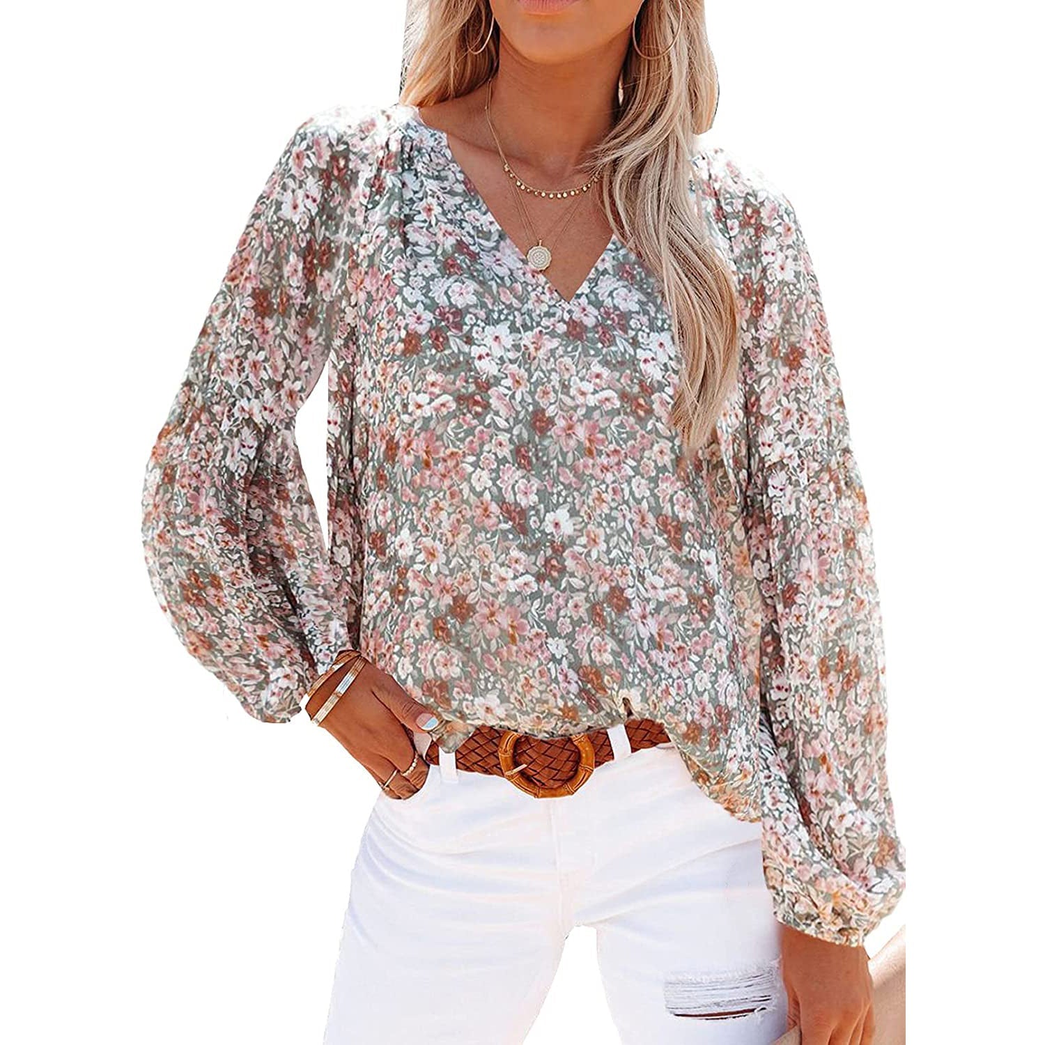 Womens Casual Boho Floral Print V Neck Long Sleeve Loose Blouse Clearance In China