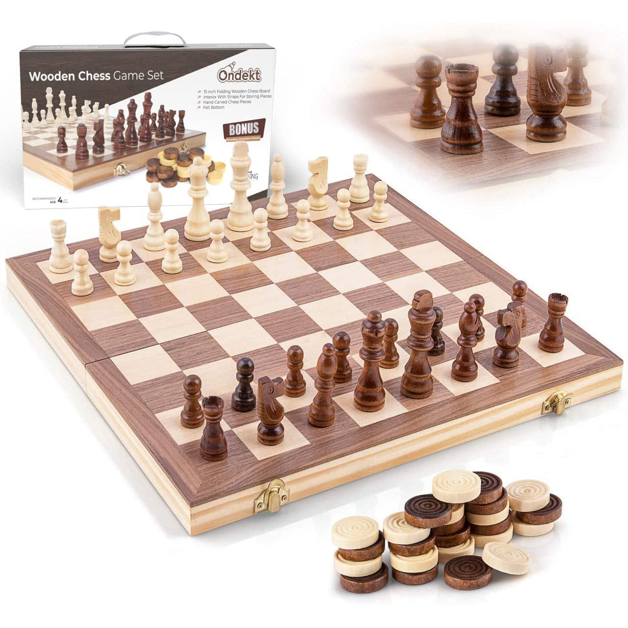 Handcrafted Chess Pieces Wooden Chess Set with Wooden Checkers Pieces Cheap Genuine