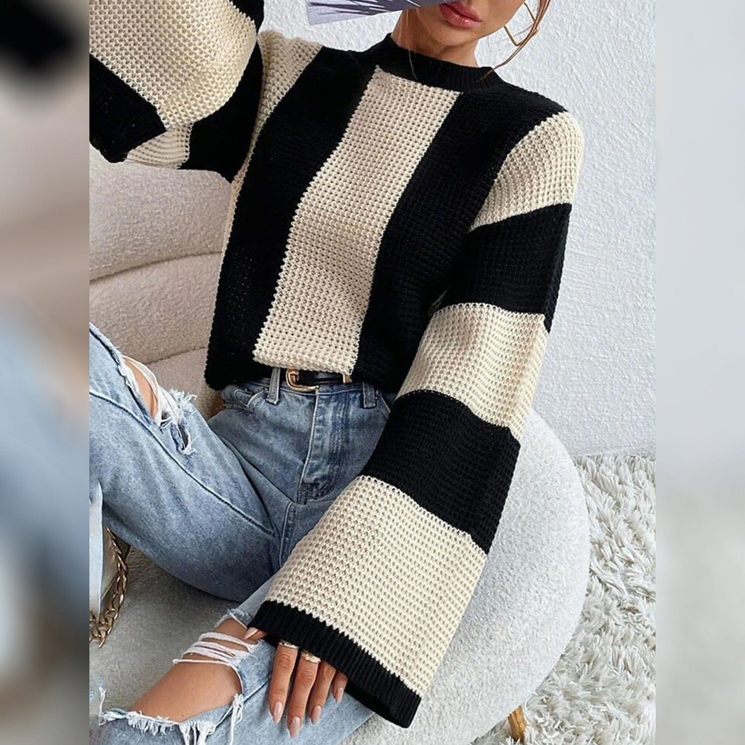 Women's Pullover Ribbed Knit Patchwork Striped Sweater Sale Low Cost