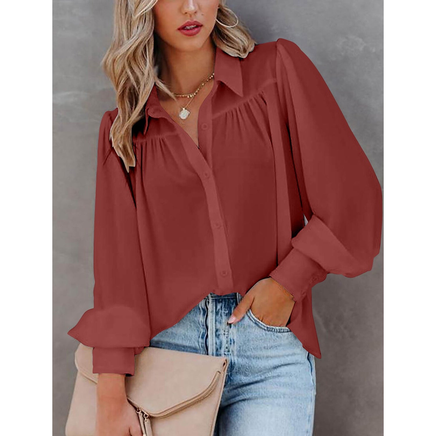 Womens Blouse Shirt Plain Button Long Sleeve Cheap Sale 100% Guaranteed