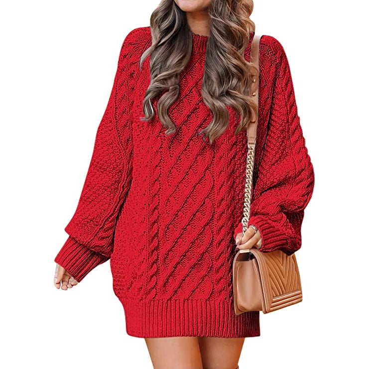 Women Crewneck Long Sleeve Oversized Cable Knit Chunky Pullover Short Sweater Dresses Free Shipping Shop