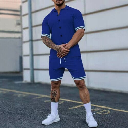 2-Piece Set: Men's Short Sleeve Plain Stripes Lapel Many Kinds Of Cheap Online