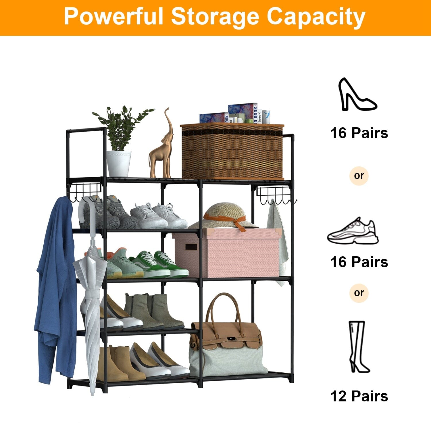 Metal Shoe Storage Shelf Free Standing Shoe Stand with 2 Row Hooks For Nice Cheap Online