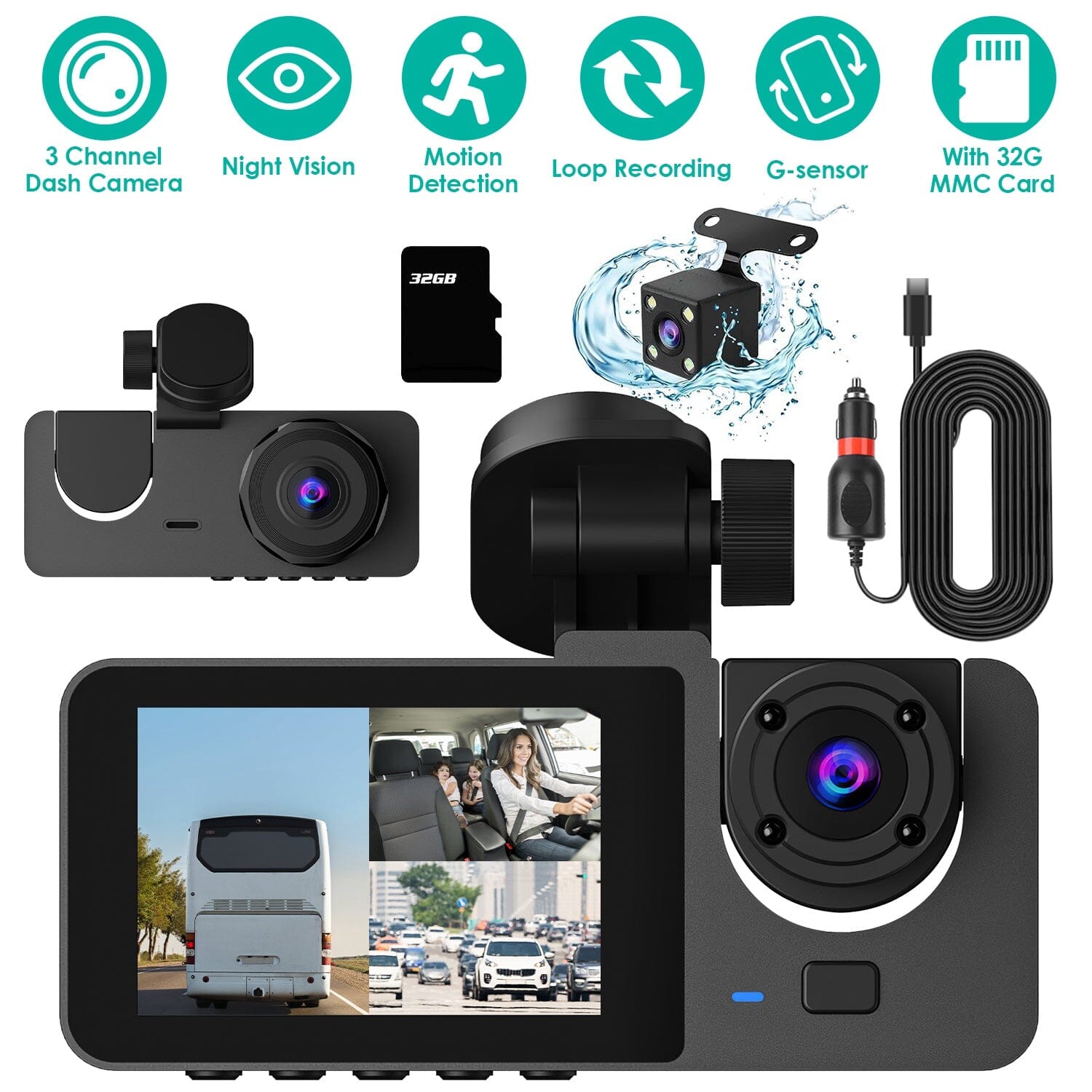 3 Channel Dash Cam Front Inside Rear Vehicle Driving Recorder Car DVR For Sale Online