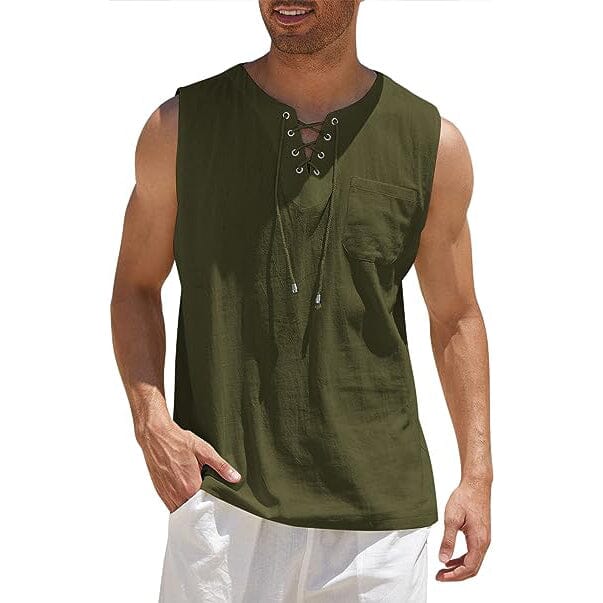 Men's Cotton Linen Tank Top Shirts Casual Sleeveless Lace Up Beach Hippie Tops Bohemian Renaissance Pirate Tunic Get To Buy For Sale