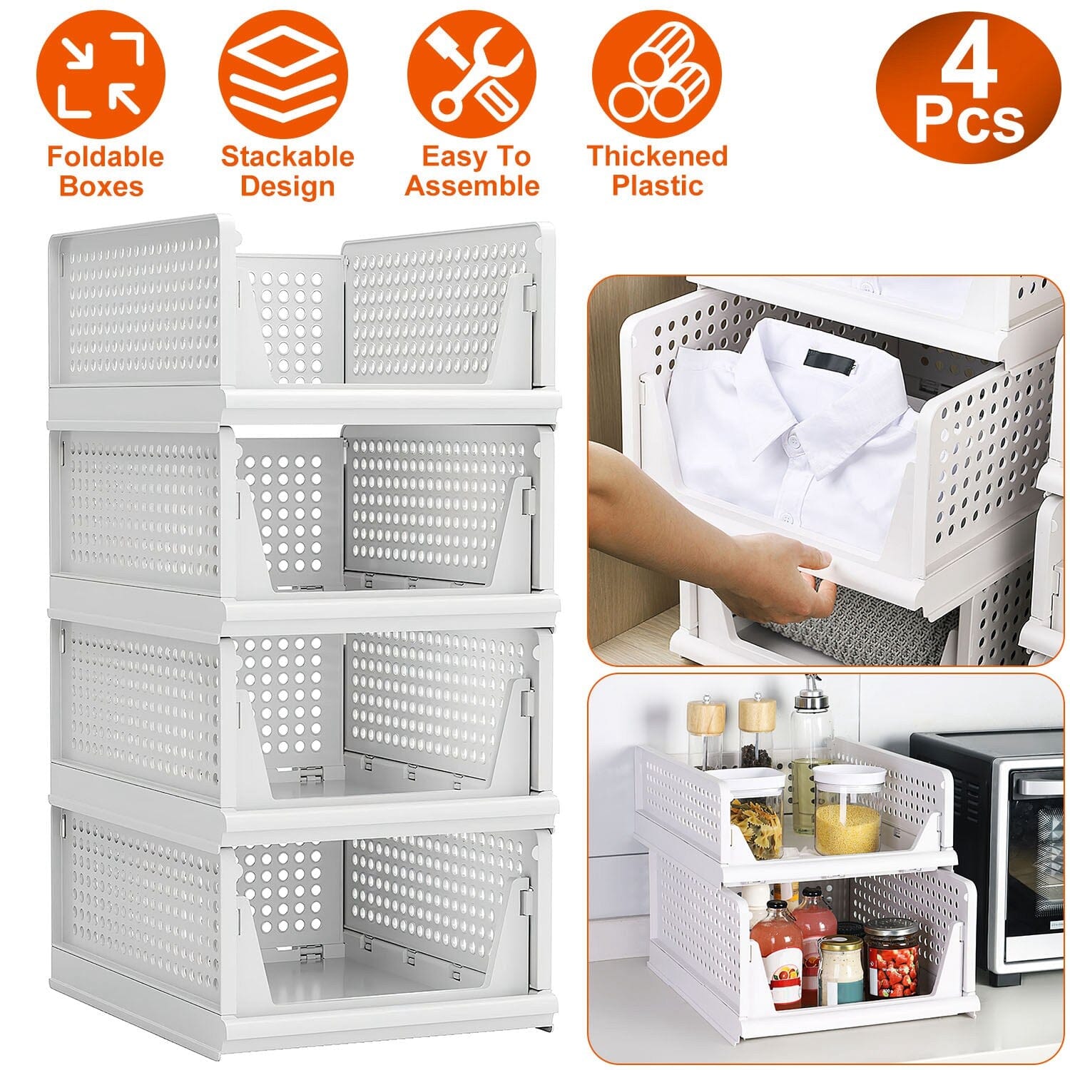 4-Packs: Plastic Storage Box Closet Organizer Foldable Storage with Slide Rail Push-Pull 2025 New