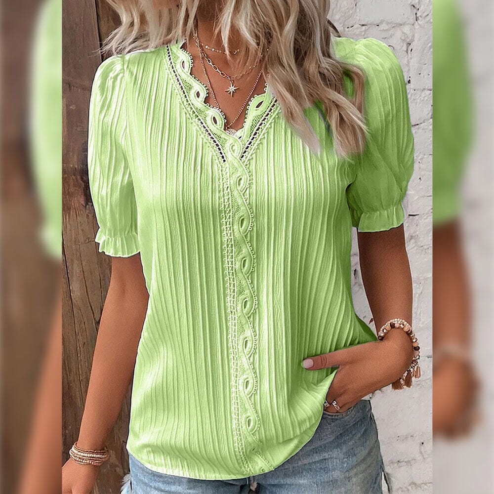 Women's Shirt Blouse Plain Lace Short Sleeve Casual Basic V Neck Free Shipping