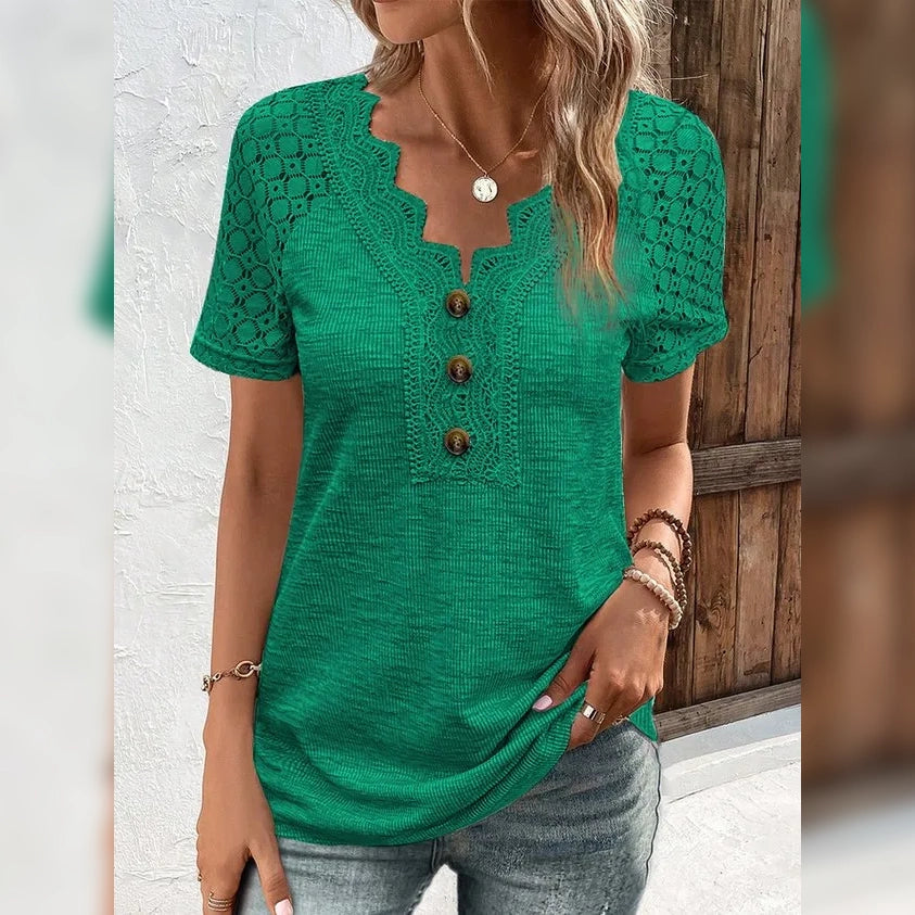 Women's T-Shirt Plain Lace Button Short Sleeve Outlet Huge Surprise