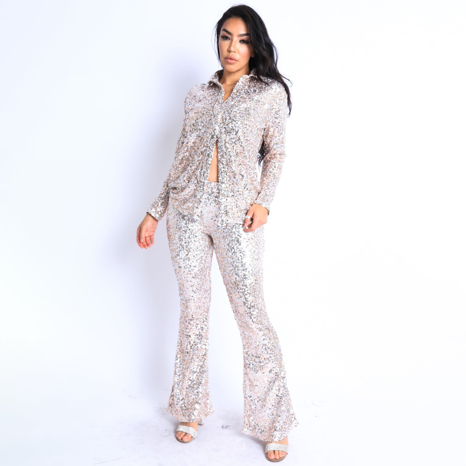 Sequin Button Down Shirt and Pant Set Outlet Newest