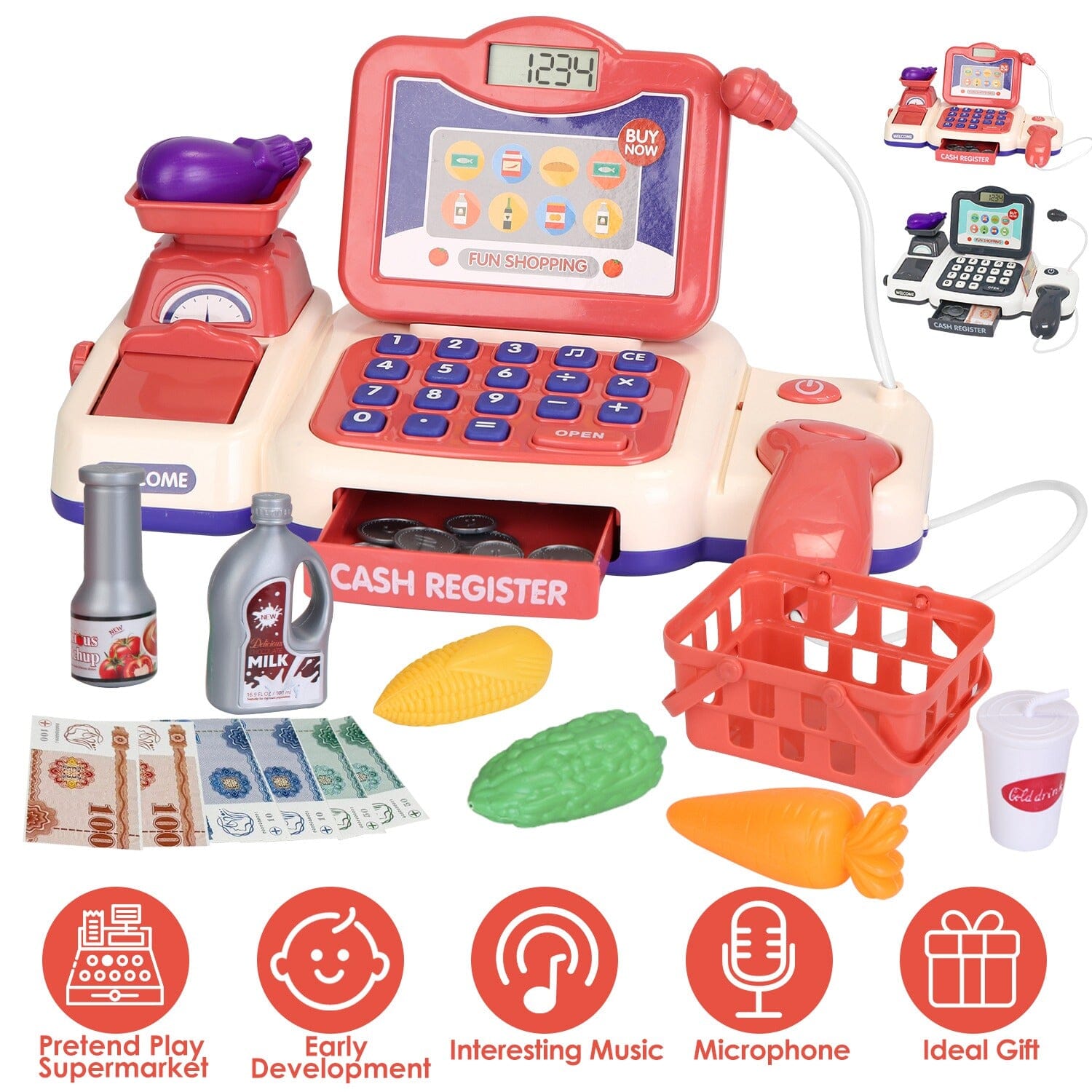 Kids Cash Register Pretend Play Cashier Toy with Scanner Calculator Real Cheap Online