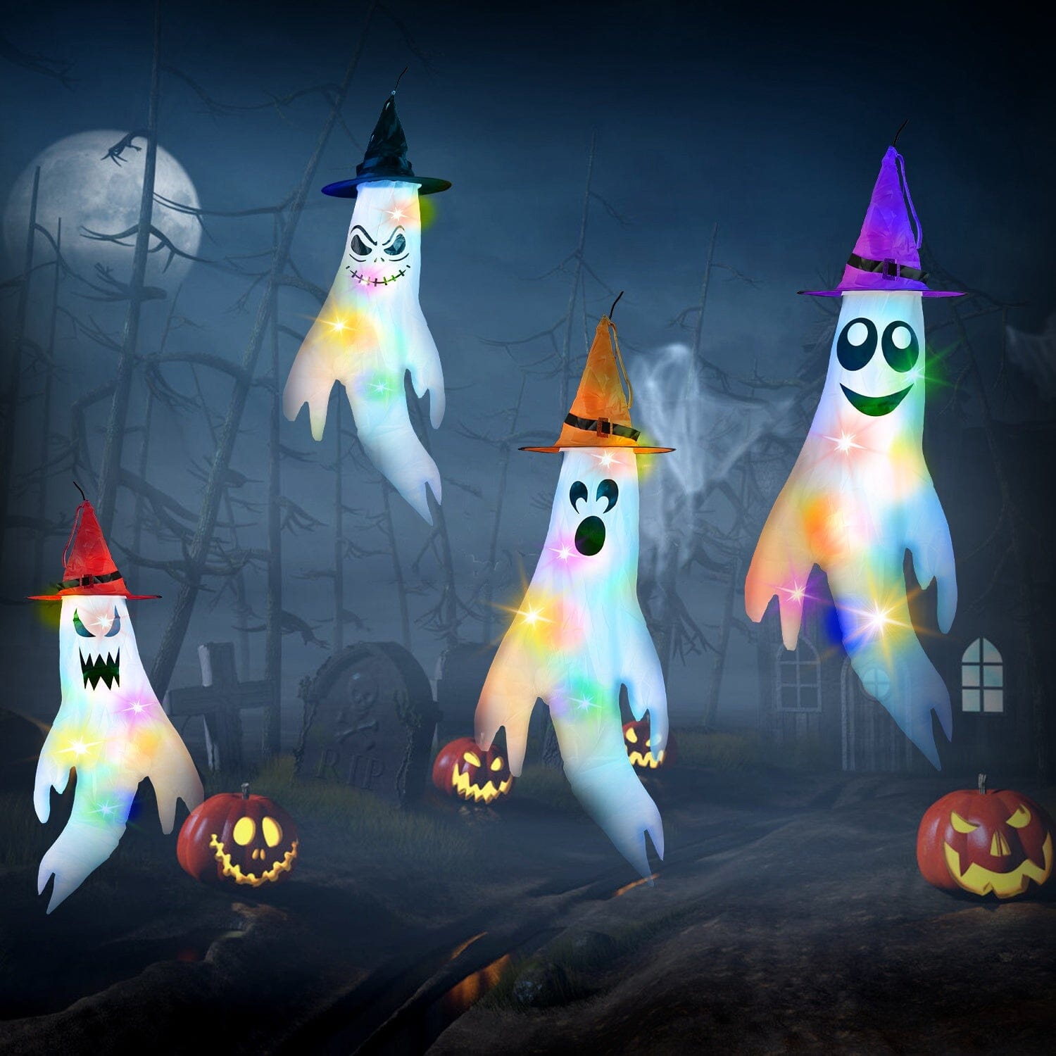 4-Pieces: Halloween Ghosts with Witch Hats Windsocks Hanging Decoration with Colorful LED Light For Sale 2025