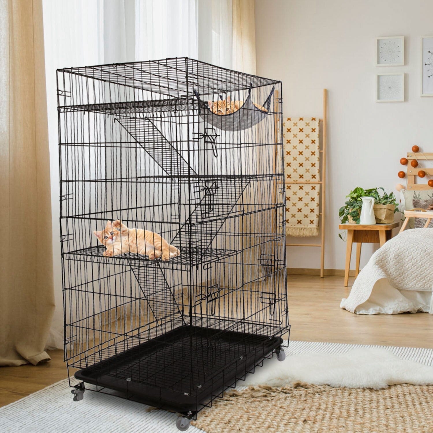 4-Tier Cat Cage with 360° Lockable Wheels, 3 Doors, 3 Ladders and 1 Hammock Fashionable Cheap Online