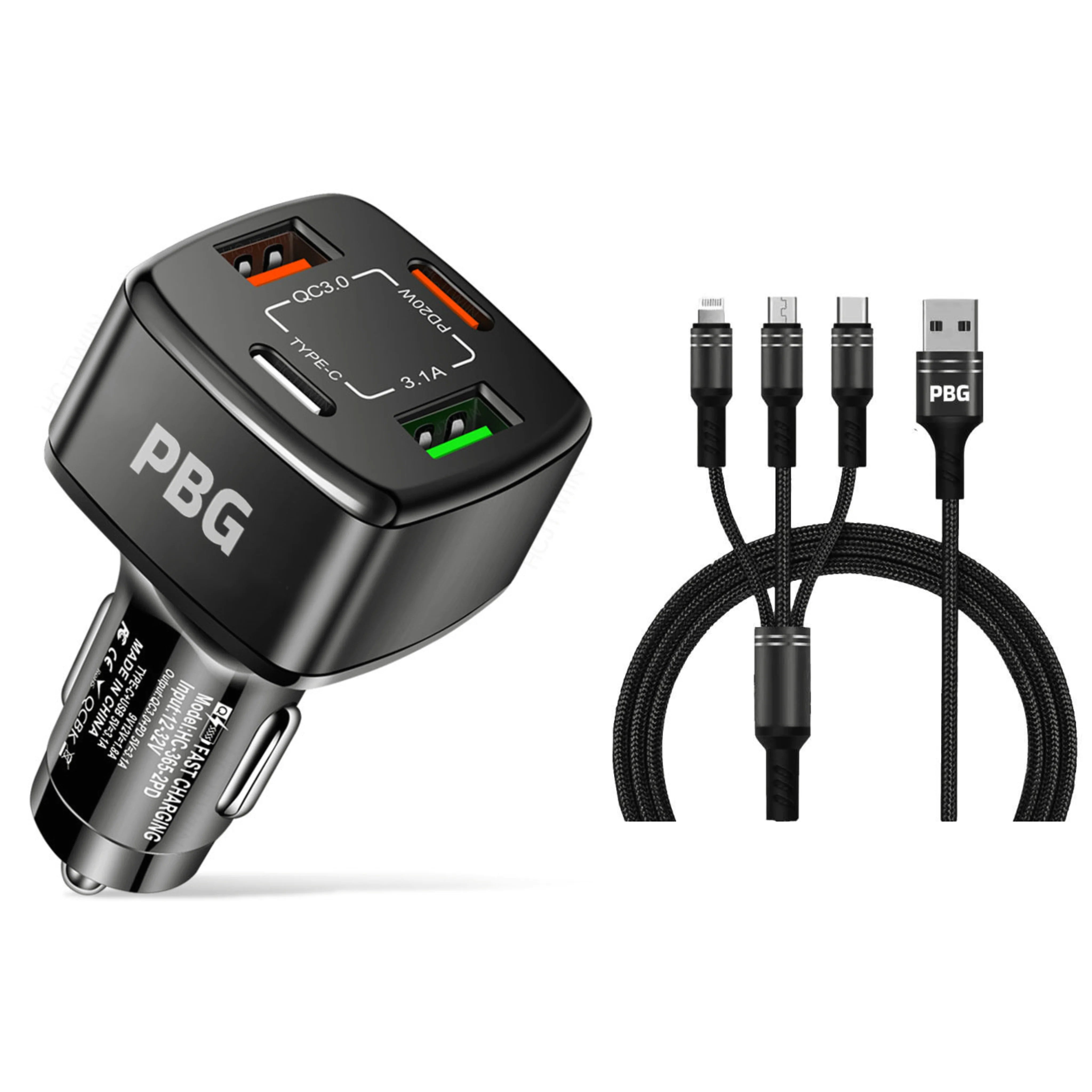 PBG Black 4 Port Car Charger and 4FT - 3 in 1 Nylon Cable Combo Explore Online