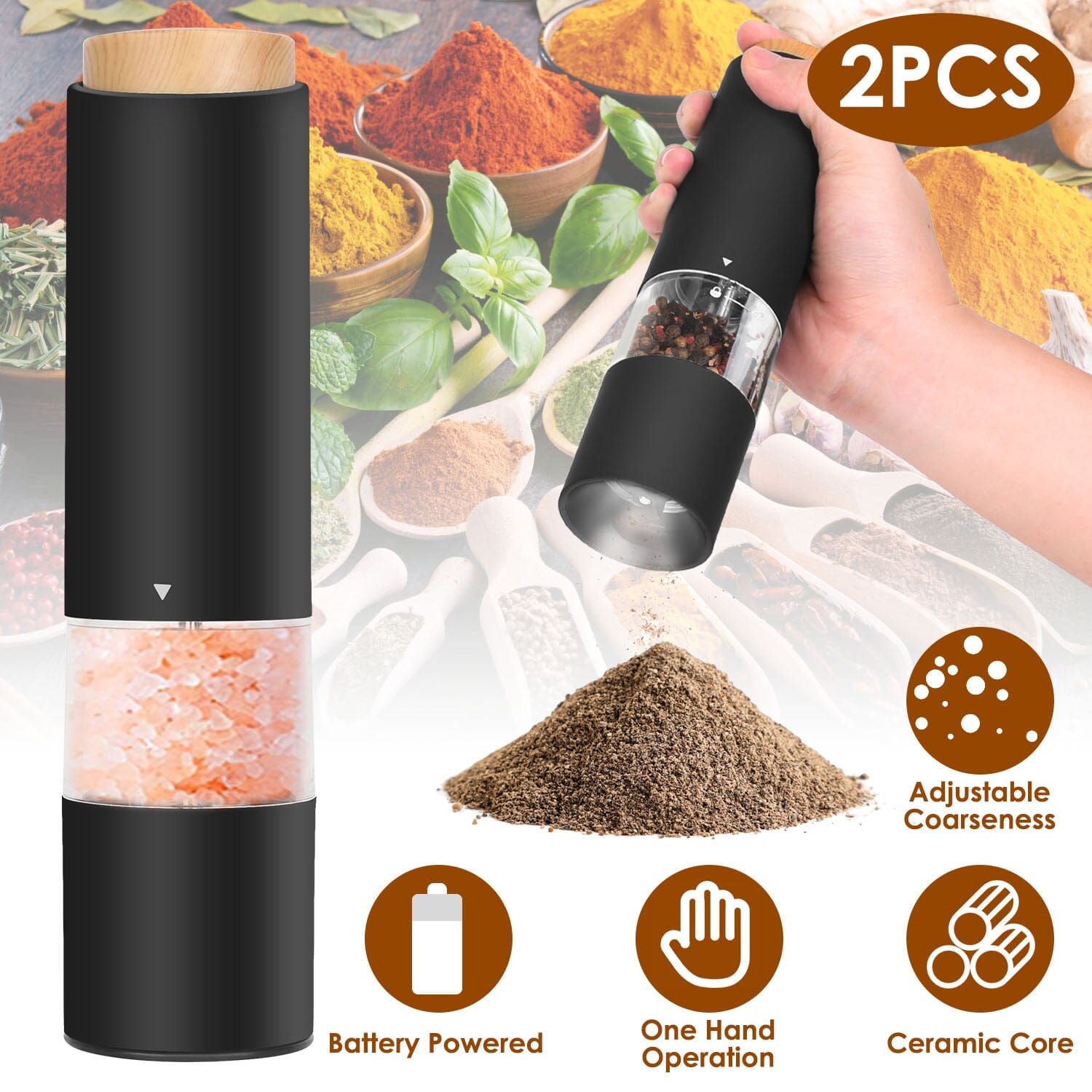 2-Pieces: Electric Salt and Pepper Grinder Battery Powered with Adjustable Coarseness Fast Delivery Cheap Online