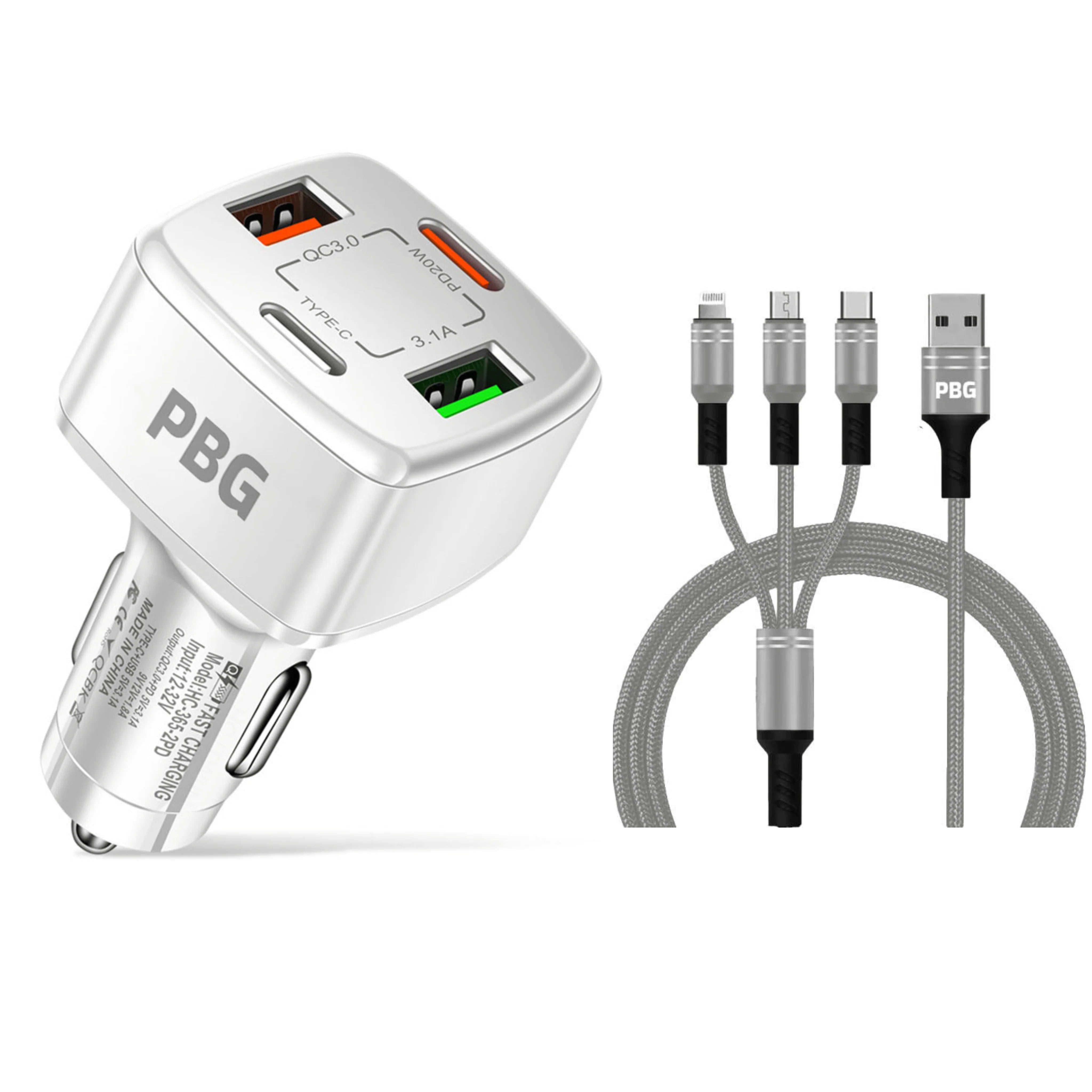 PBG 4 Port Car Charger and 4FT - 3 in 1 Nylon Cable Combo Fast Delivery Online