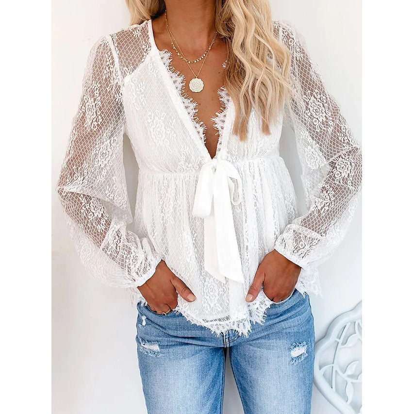 Women's Tunic Blouse Eyelet Top V Neck Tops For Cheap