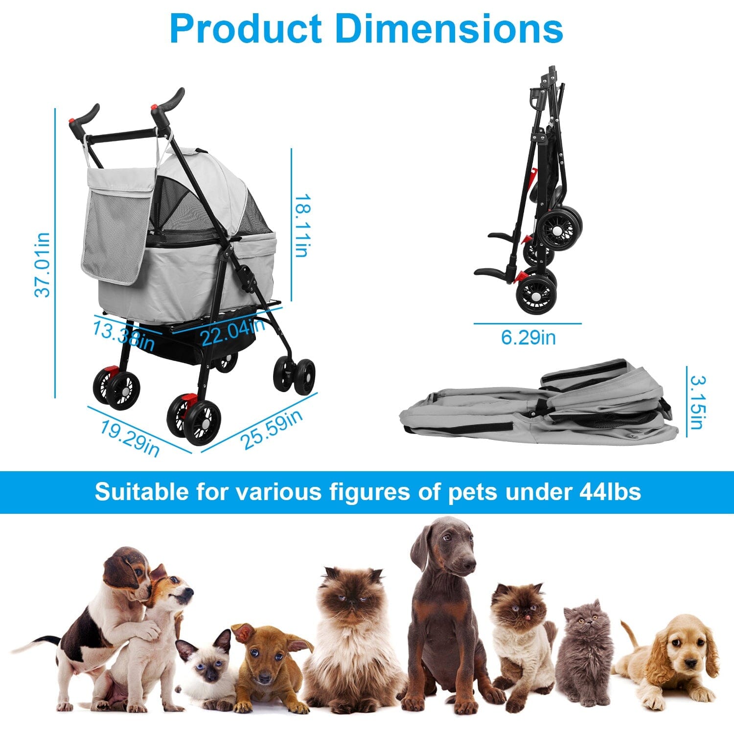 4 Wheels Pet Stroller Foldable with Removable Liner Storage Basket Amazon For Sale