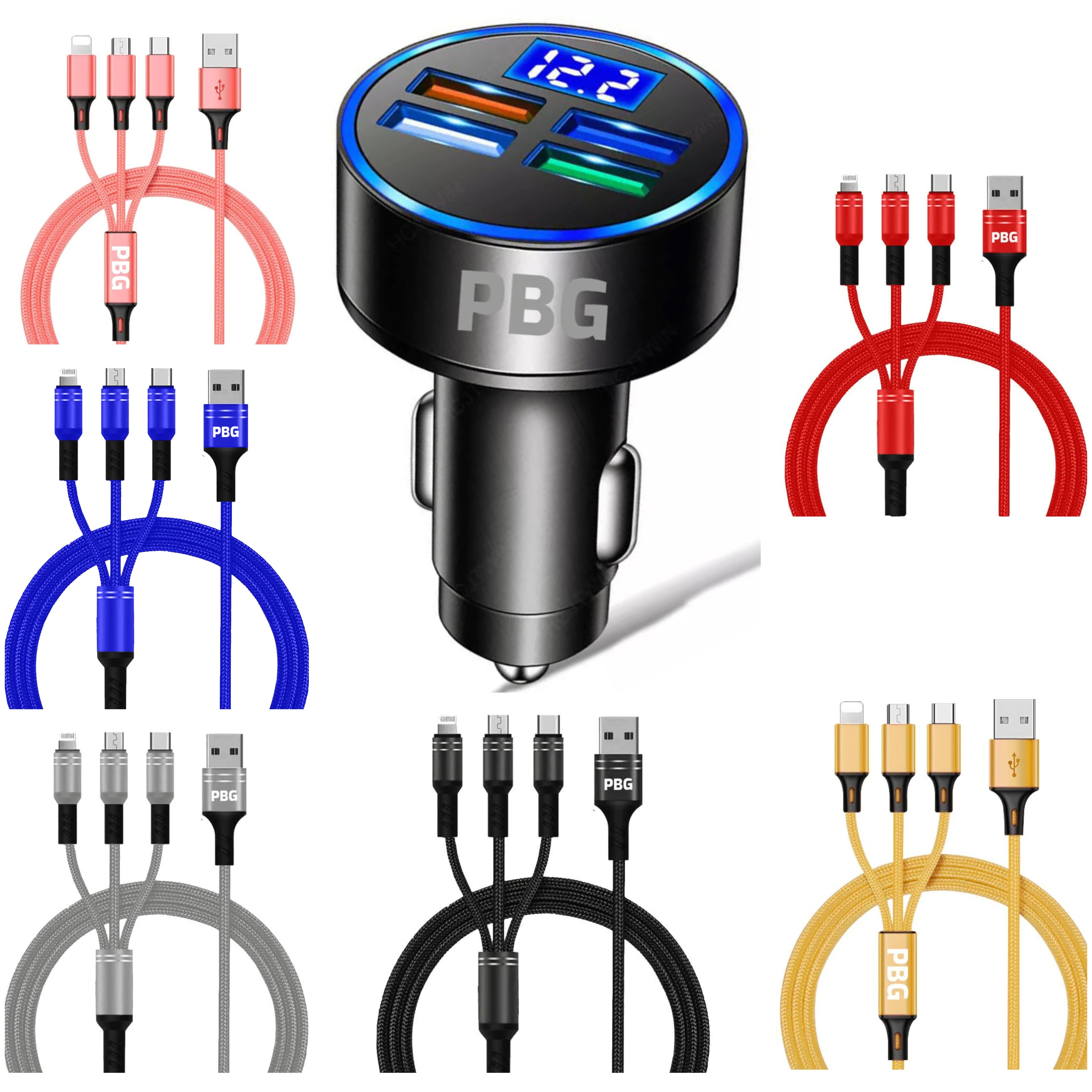 PBG LED 4 Port Car Charger Voltage Display and 3-in-1 Cable Bundle Eastbay Cheap Online