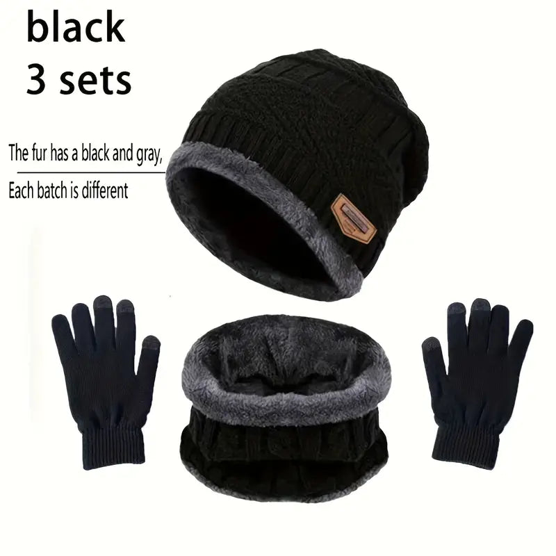 3-Piece Set: Black Knit Hats Warm Beanies Winter Neck Gaiter Elastic Gloves Collections For Sale