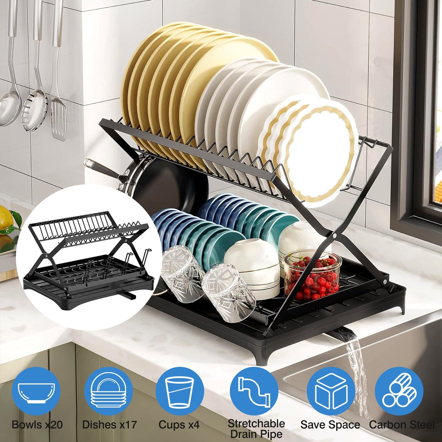 2-Tier Dish Drying Rack with Cup Holder and Drainboard Visit For Sale