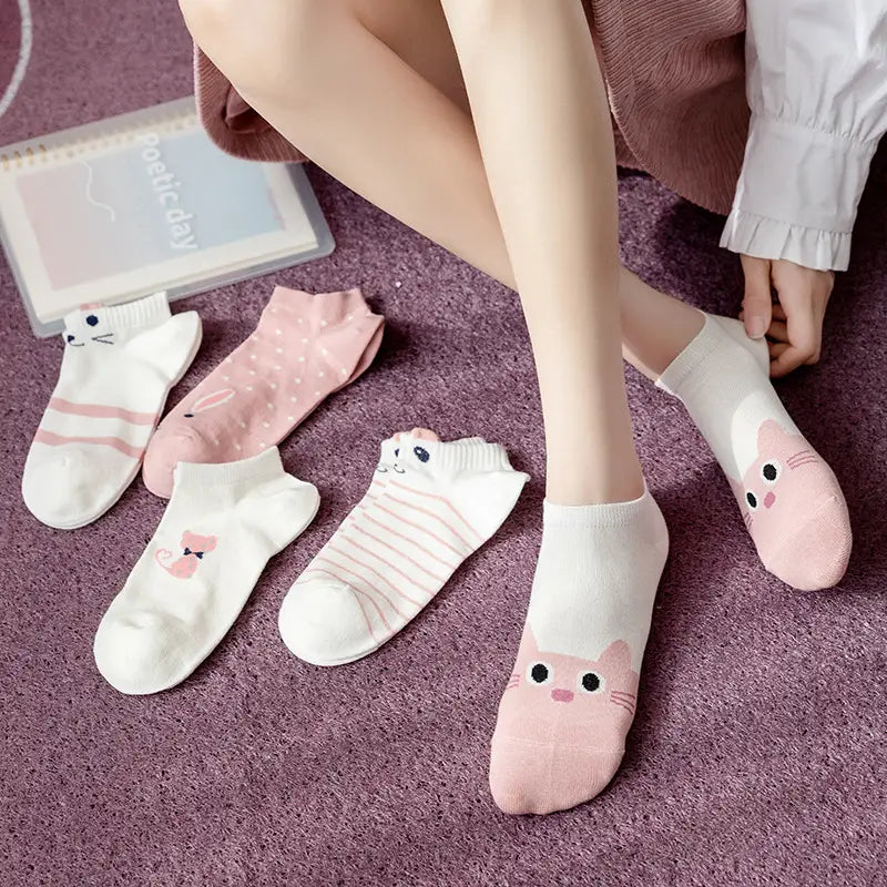 5-Pairs: Pink Kitty Crew Socks Free Shipping Browse